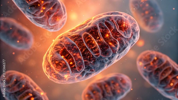 Fototapeta intermittent fasting metabolism ketosis Microscopic view of mitochondria glowing in vibrant colors, representing cellular energy.