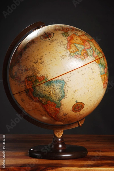 Fototapeta An antique globe on a table with a dark grey background