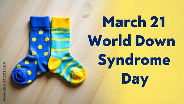 Fototapeta A banner image created for world down syndrome day 2025 with blue and yellow color socks