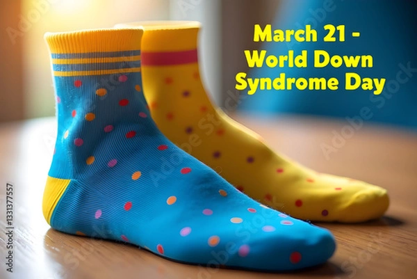 Fototapeta A banner image created for world down syndrome day 2025 with blue and yellow color socks