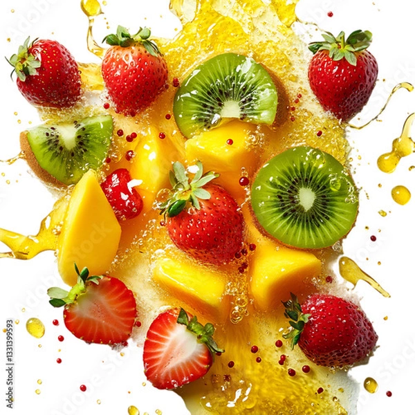 Fototapeta Kiwi Mango and Strawberries Scattering Isolated on Transparent Background