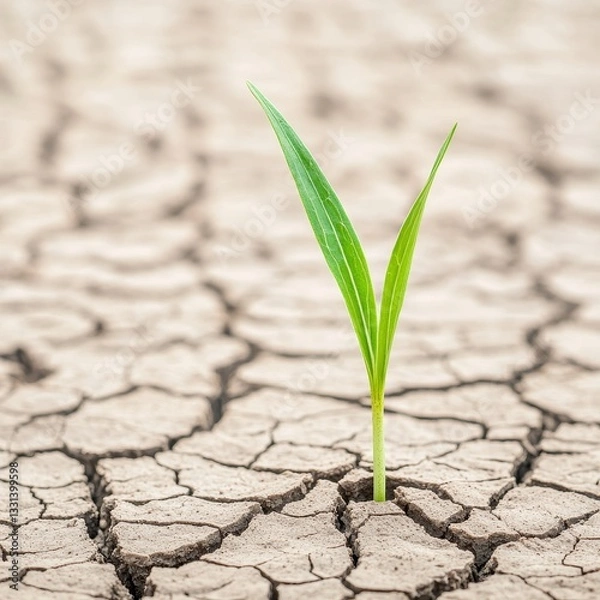 Fototapeta Transformation progress disruption concept. A green sprout emerges from cracked, dry soil, symbolizing resilience and growth.