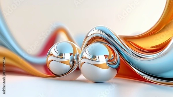 Fototapeta Abstract Chrome Spheres in Flowing Metallic Ribbons