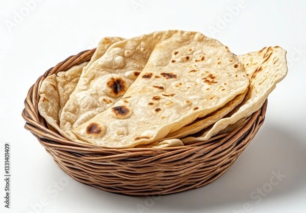 Fototapeta Freshly Made Flatbreads in a Rustic Woven Basket on a White Background Perfect for Food Photography and Culinary Themes