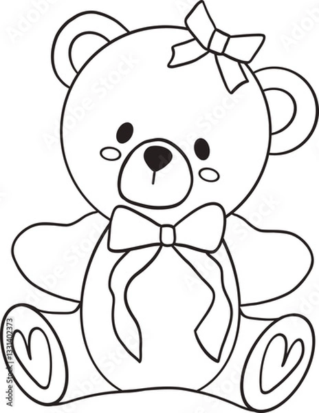 Fototapeta Cute Bear with Coquette Bow Outline perfect for coloring pages, nursery art, designed for illustrations, decor, and vector art
