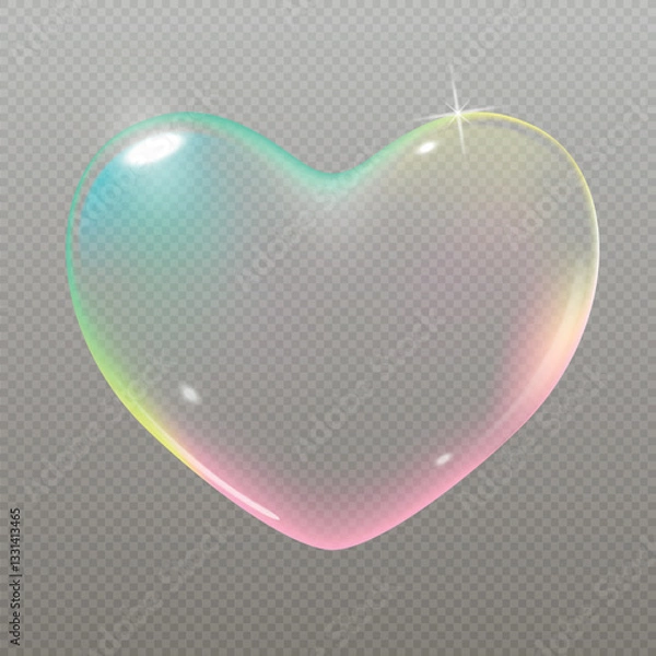 Fototapeta Realistic transparent pink vector soap bubble shaped as heart. Romantic glossy soapy heart. Valentine day symbol. Black background.