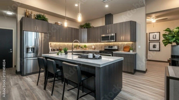 Fototapeta A contemporary kitchen with a sleek layout, showcasing high-end appliances, decorative plants, and a striking backsplash for an elegant touch.