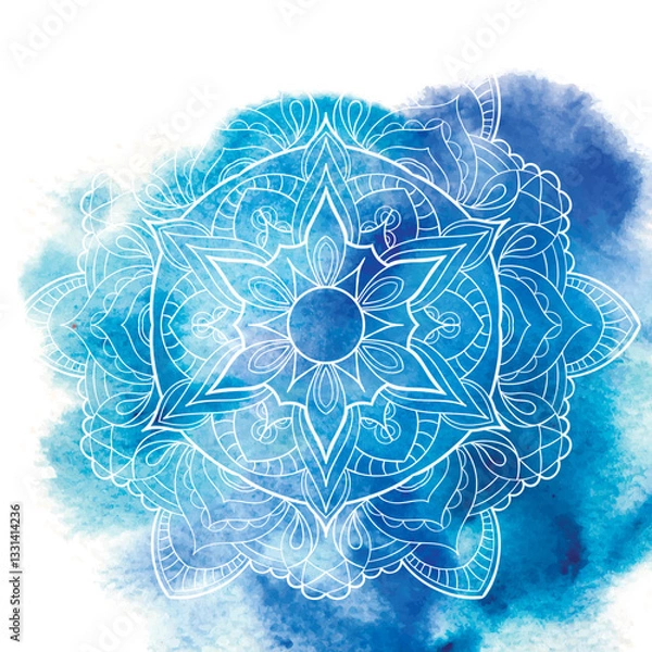 Fototapeta Blue watercolor paint background with white circular mandala pattern.