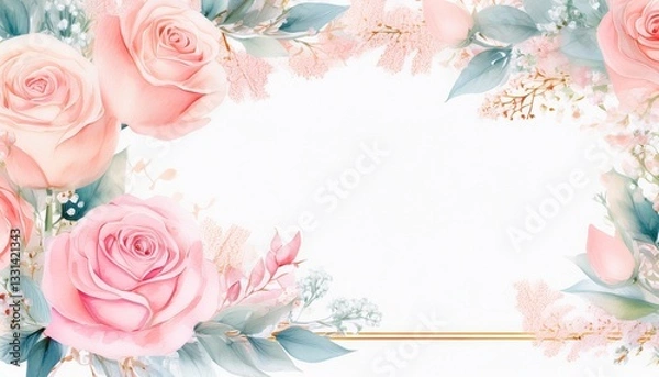 Fototapeta Charming soft pastel floral frame with beautiful pink roses and delicate baby’s breath, rendered with a gentle watercolor effect. Perfect for feminine designs