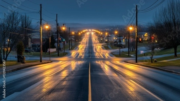 Fototapeta Streetlights glowing on an empty city road at dawn, with the first hints of sunlight in the sky and a serene, quiet morning atmosphere.