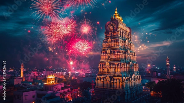 Fototapeta Traditional Tamil New Year night scene with a dazzling temple and fireworks, representing faith, new beginnings, and festive joy.

