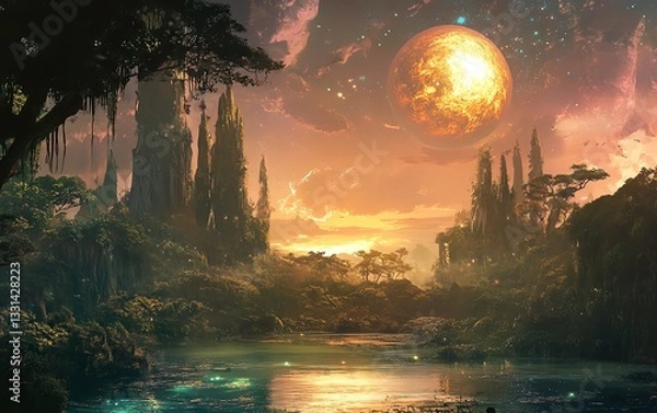 Fototapeta Ethereal fantasy landscape with a fiery planet, gothic castles, lush vegetation, and a tranquil lake.  Perfect for fantasy art, game design, or sci-fi projects.