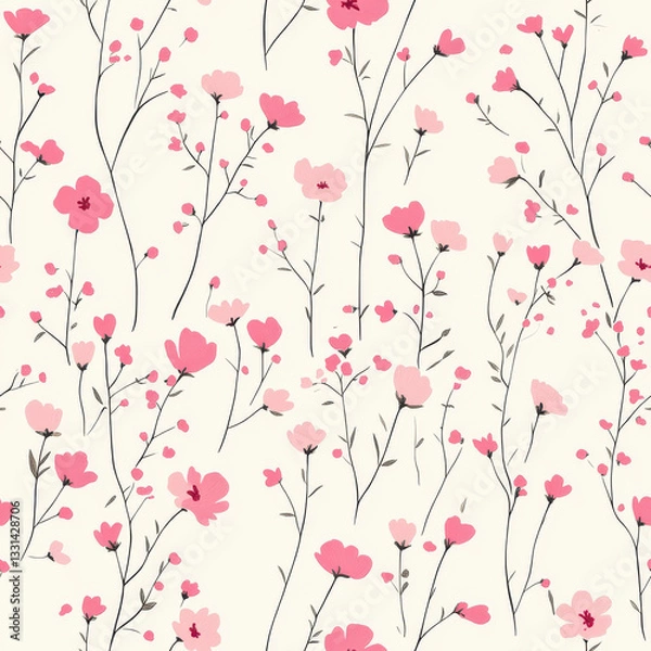 Fototapeta Delicate floral pattern featuring pink flowers on light background, perfect for fabric or wallpaper design. soft colors and intricate details create charming and serene atmosphere