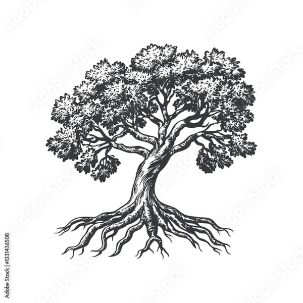 Fototapeta Detailed Black and White Illustration of a Tree with Roots
