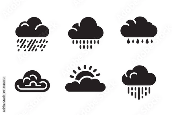 Obraz Cloud rain black silhouette bundle isolated on white background, logo icon clip art