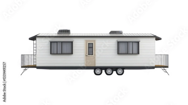 Fototapeta Modern mobile home parked on a flat surface with easy access steps and windows, showcasing a practical living space design