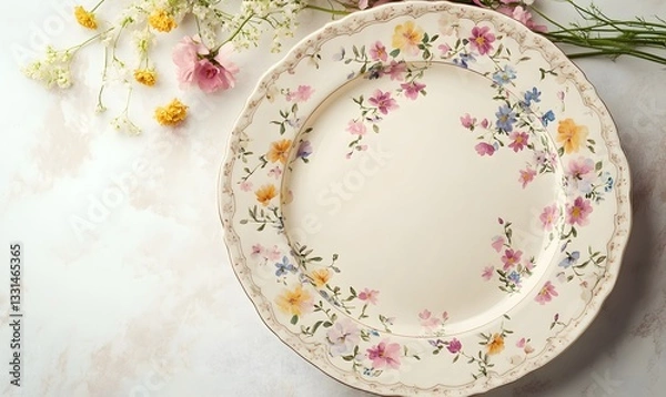 Fototapeta A set of plates with spring floral patterns in pastel colors, placed on an elegant tablecloth, Generative AI