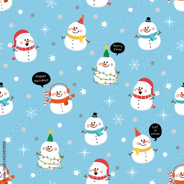 Obraz Merry Christmas greeting card background. Cute snowman and winter snow seamless pattern. Cute holiday cartoon character vector