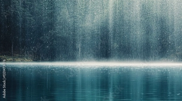 Fototapeta Tranquil Waterfall Cascading Over Still Lake Surrounded by Lush Greenery and Soft Misty Atmosphere
