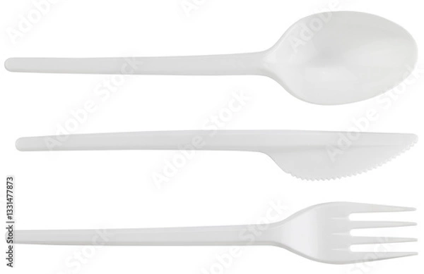 Obraz Disposable plastic cutlery: spoon, knife, fork isolated on a transparent background. Completely in focus. Full depth of field. Top view. PNG.