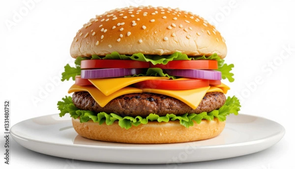 Fototapeta delicious hamburger on a white plate with buns, green salad, cutlet, two slices of cheese, rings of tomatoes and red onion, sprinkled with sesame seeds. The background is white
