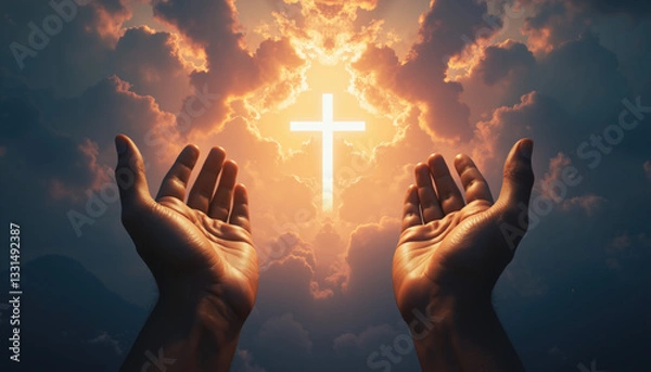 Fototapeta Praying hands lifted toward a radiant cross shining in golden clouds, symbolizing Christian devotion, spiritual awakening, and divine guidance