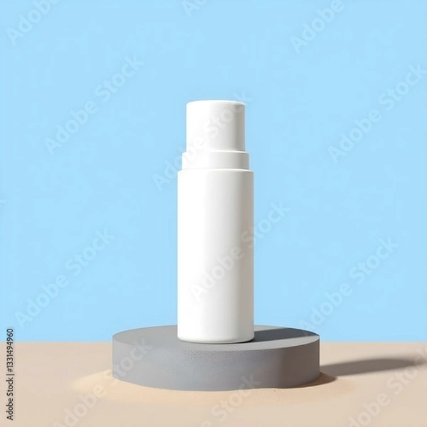 Fototapeta Front view of a white cosmetic bottle without label displayed on gray stone podium. Sand texture and blue sky background. Mockup scene for advertising cosmetic, space for design