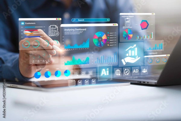 Obraz An analyst uses a computer and Ai technology dashboard for data business analysis and Data Management System, Customers database, gather information to report. Data science and digital marketing