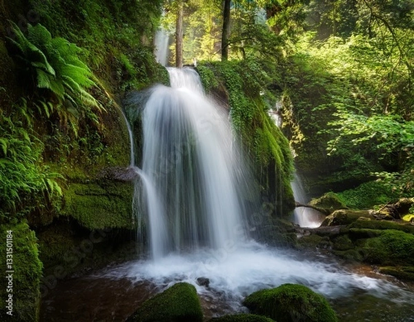 Fototapeta waterfall cascading through lush green forest scenery with dense foliage and vibrant plants greenery