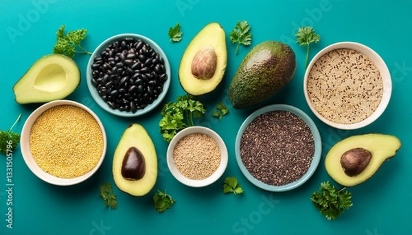 Fototapeta fresh avocados black beans and quinoa arranged on a teal background with cilantro garnish for healthy meal preparation