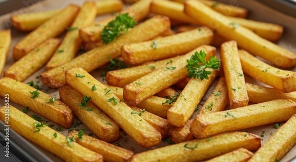 Obraz Golden French Fries on Baking Sheet - Delicious golden french fries, freshly cooked and seasoned with parsley, arranged on a baking sheet