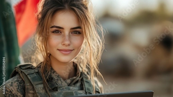 Fototapeta A smiling female military service member in a camouflage uniform and cap sits at a desk, working on a computer.