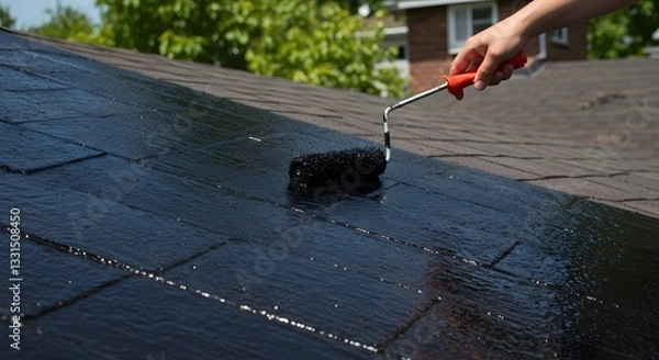 Fototapeta Roof Repair: Applying Black Waterproofing Sealant