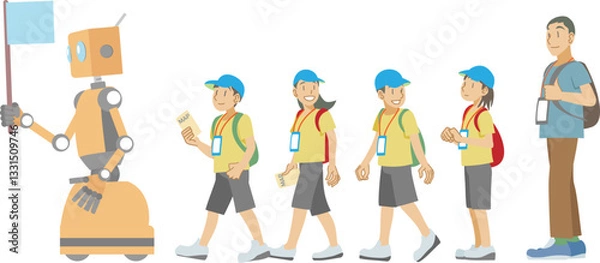 Fototapeta ロボットに引率されて見学する子供達