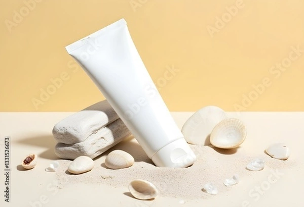 Fototapeta Sunscreen in white plastic tube. Studio photo shoot with sand, shells and white stones. Sand-colored environment. Sunscreen with UVA and UVB protection. Summer atmosphere. Landscape format.