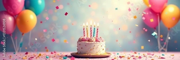Fototapeta Colorful birthday card with balloons, confetti and cake illustration, confetti, balloons