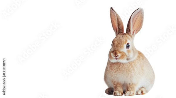 Obraz Cute light brown rabbit sitting on a plain white background, showcasing its expressive features and fluffy fur in a peaceful moment