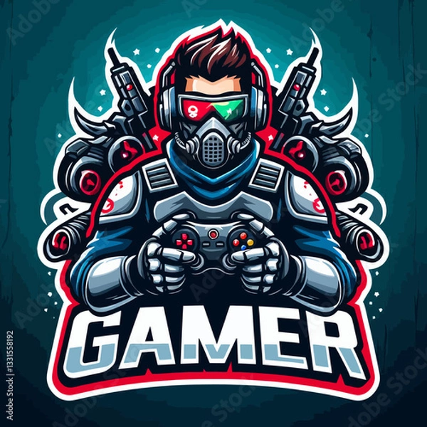 Fototapeta "Wibrujące logo e-gamera w stylu projektowania wektorowego maskotki, z kolorową postacią na przezroczystym, izolowanym tle clipart w formacie wektorowym, idealne do brandingu."