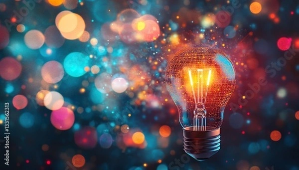 Obraz  Vibrant light bulb surrounded by digital symbols and colorful bokeh lights, representing technology innovation, blurred background with abstract shapes, creative thinking, business ideas.