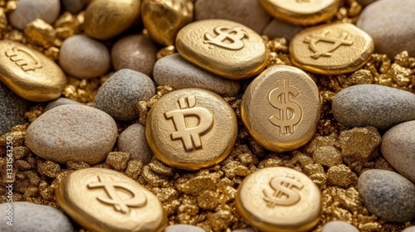 Fototapeta Golden coins featuring various currency symbols scattered on pebbles and gold dust. ,Asian businessman's gravel pile concept.