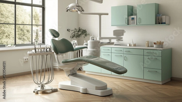 Fototapeta An orthodontist's chair dominates the view, with cabinets and dentist tools in the bright room.