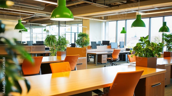 Fototapeta An office space featuring desks, orange chairs, hanging green lamps, and several potted plants