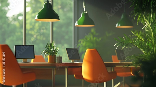 Fototapeta An airy office space with orange chairs and green pendant lights is shown. 