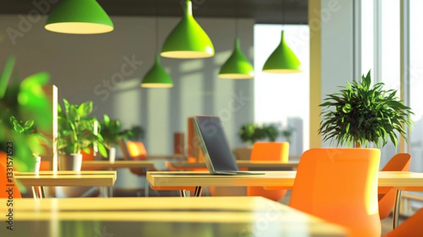 Fototapeta This image shows a modern office space, featuring vibrant green pendant lights and bright orange chairs. Desks are adorned with laptops and potted plants, creating a visually appealing and productive 