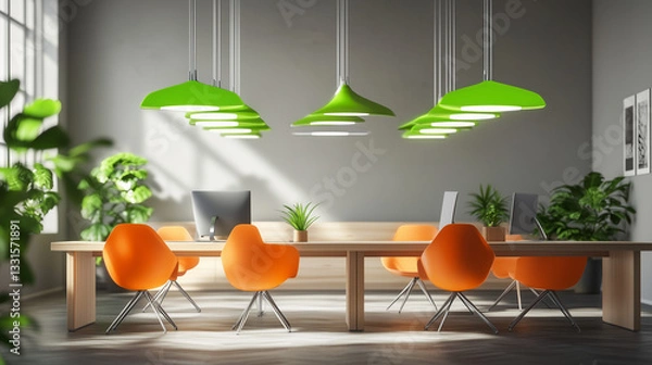 Fototapeta Modern office with hanging green lights, bright orange chairs, and sleek computer monitors. The scene evokes a sense of calm and productivity.

