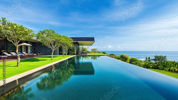 Fototapeta Luxury villa with an infinity pool overlooks the ocean on a sunny day. A serene scene ideal for illustrating a stock photo or vacation destination.

