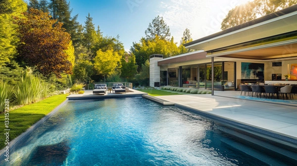 Fototapeta Luxury home with a pool and patio. The home overlooks the backyard with trees.

