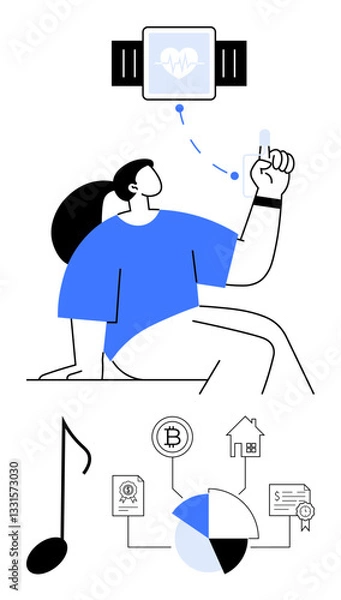 Fototapeta Woman interacting with a smartwatch displaying heart rate, surrounded by symbols for music, finance, cryptocurrency, home ownership, and data analytics. Ideal for health, technology, lifestyle