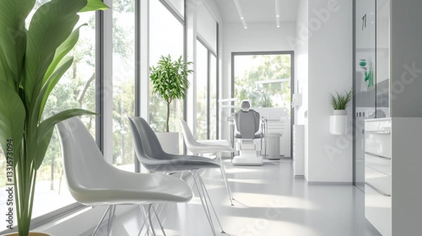 Fototapeta The image is of a clean and modern dentist office waiting room. It features white plastic chairs, large windows with a view of greenery, and minimalist decor.