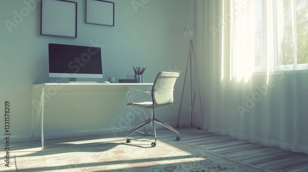 Fototapeta Brightly lit minimalist office. A desk with computer, chair, and pictures are visible